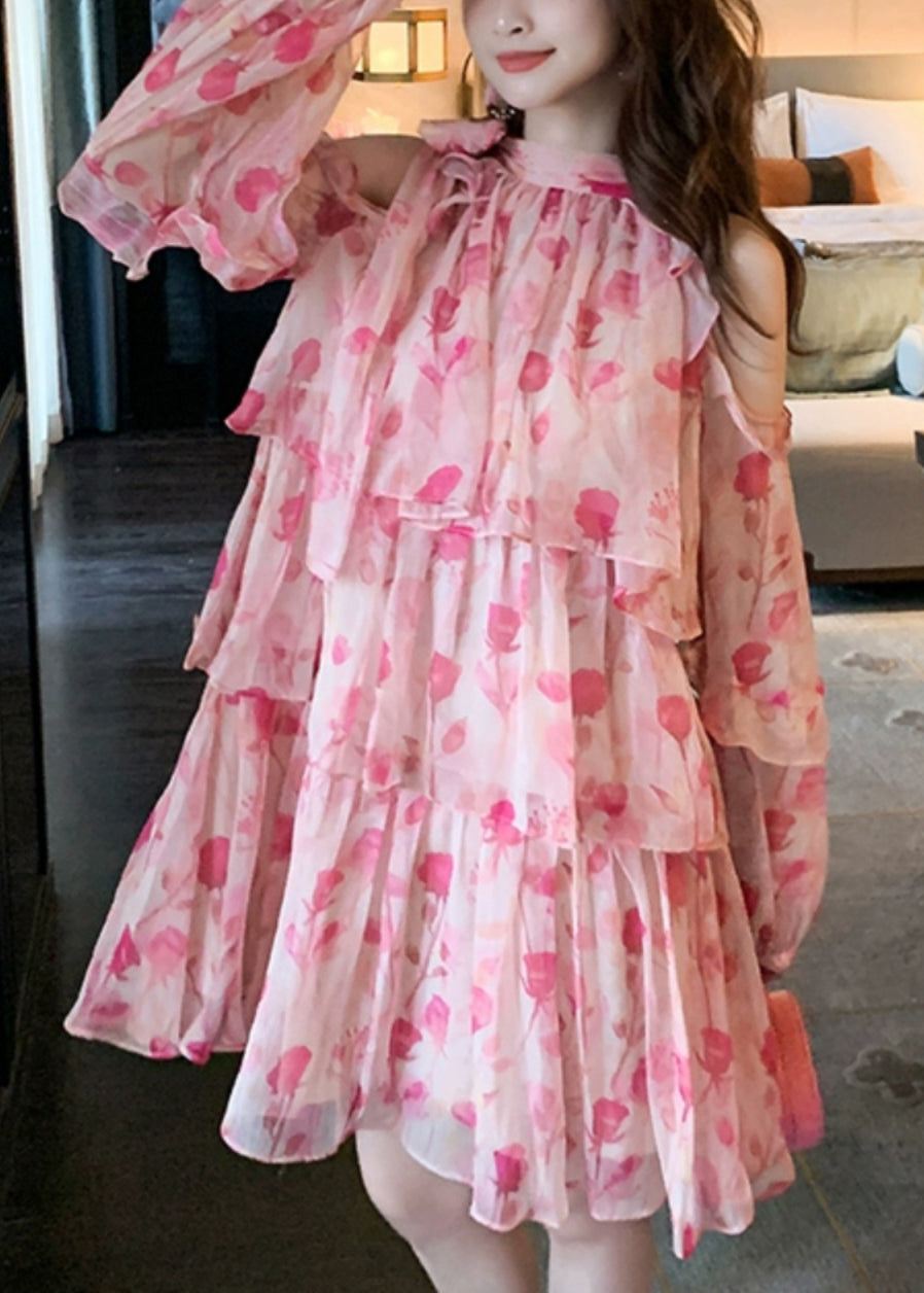 Pink Cold Shoulder Print Chiffon Mid Dress Summer