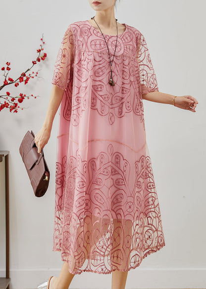 Pink Embroidered Tulle Ankle Dress Summer