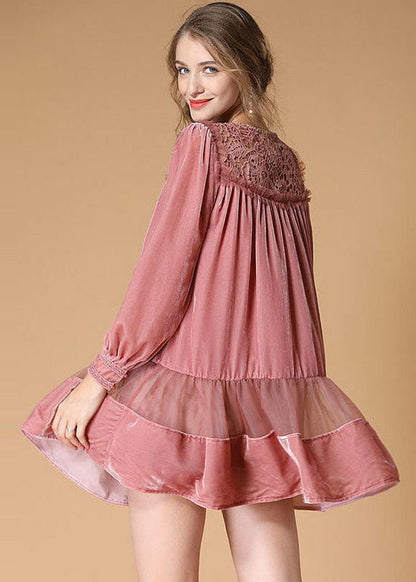Pink Embroideried Lace Up Patchwork Velour Dress Spring