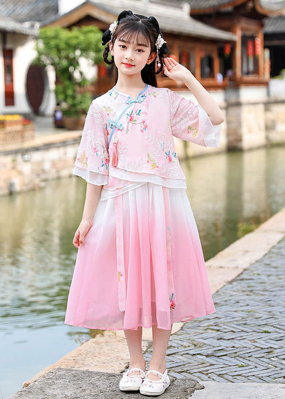 Pink Embroideried Patchwork Button Chiffon Kids Long Dresses Half Sleeve
