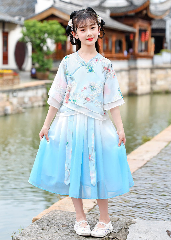 Pink Embroideried Patchwork Button Chiffon Kids Long Dresses Half Sleeve