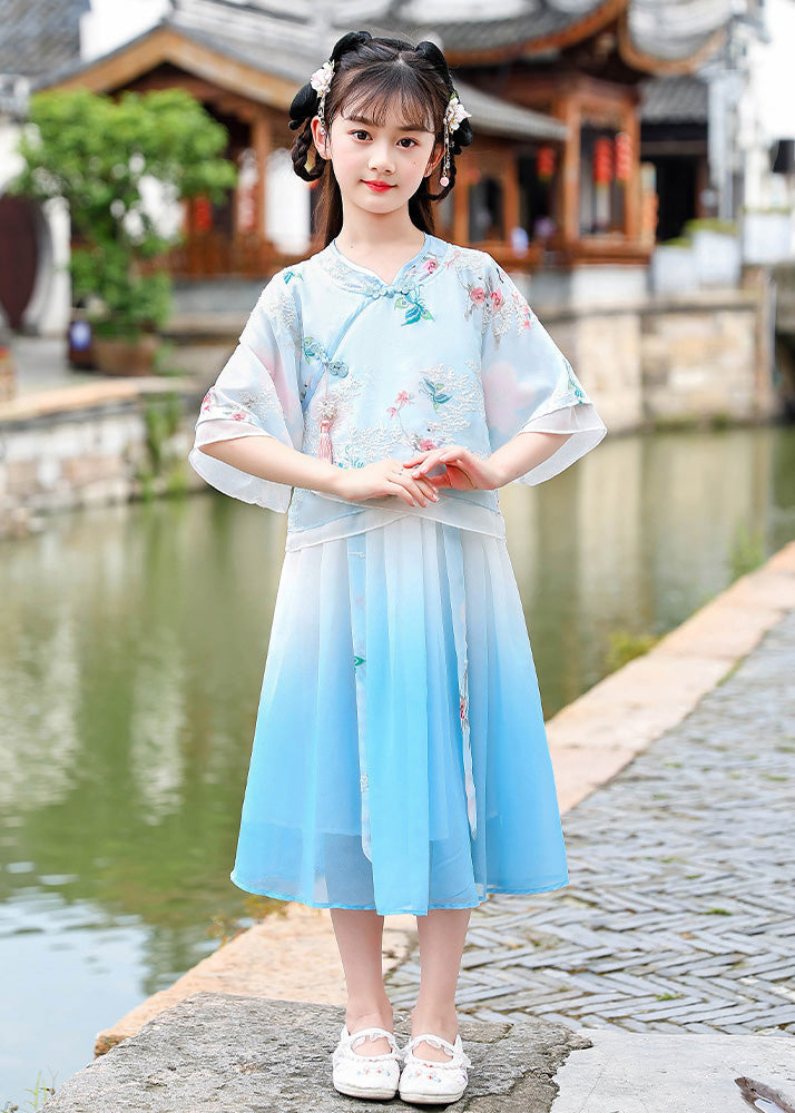 Pink Embroideried Patchwork Button Chiffon Kids Long Dresses Half Sleeve
