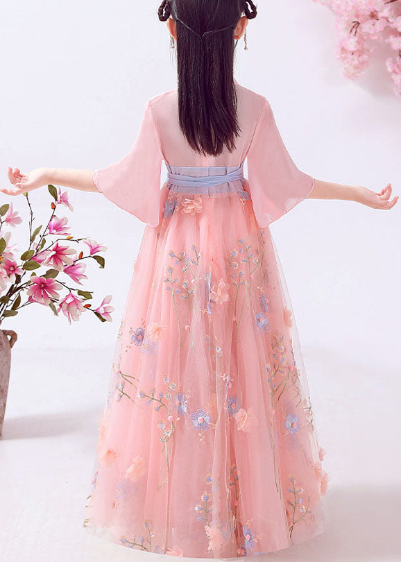 Pink Embroideried Patchwork Cotton Kids Long Dresses Summer