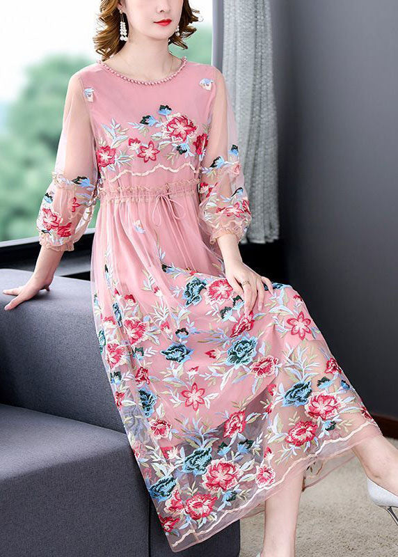 Pink Embroideried Tie Waist Hollow Out Tulle Party Dress Summer