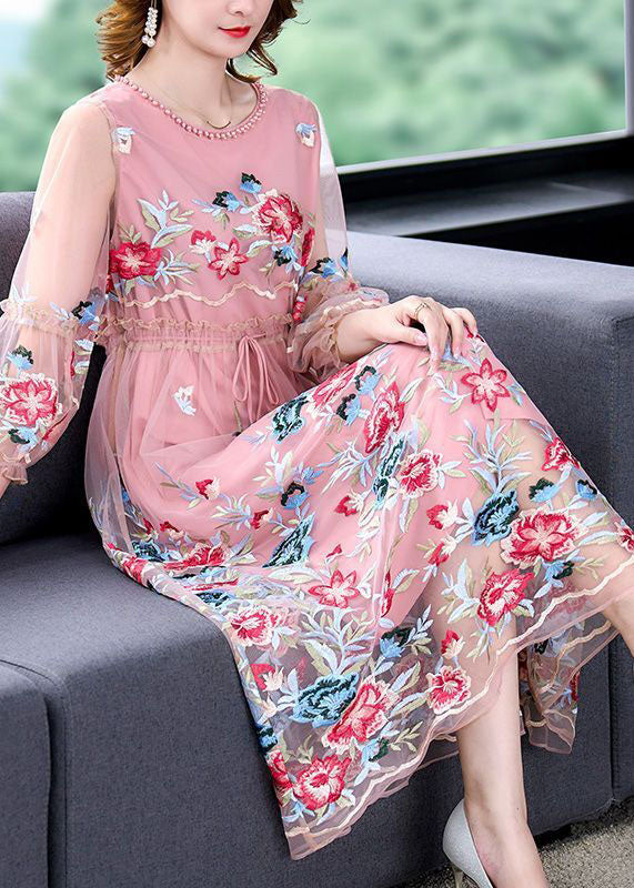 Pink Embroideried Tie Waist Hollow Out Tulle Party Dress Summer