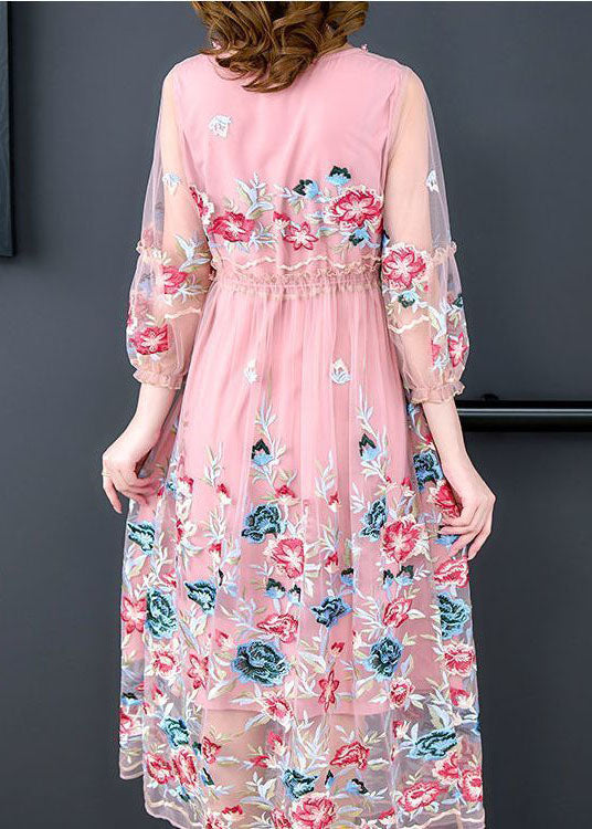 Pink Embroideried Tie Waist Hollow Out Tulle Party Dress Summer