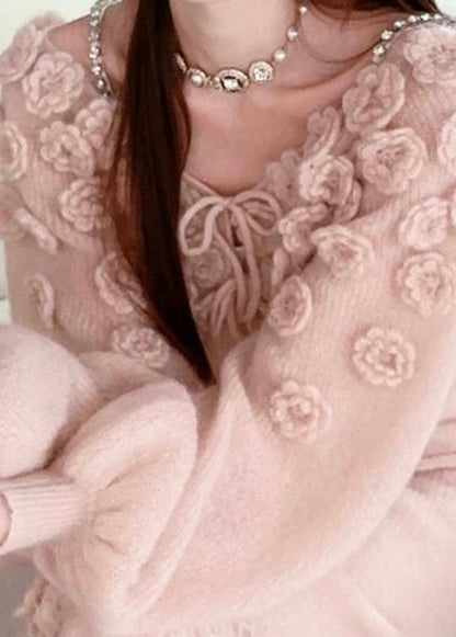 Pink Lace Up Knit Sweaters Spring