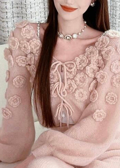 Pink Lace Up Knit Sweaters Spring