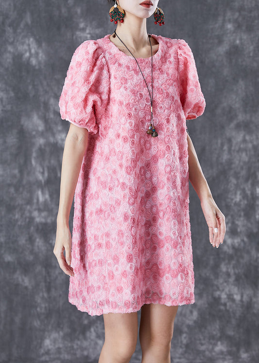 Pink Silk Mid Dresses Puff Sleeve