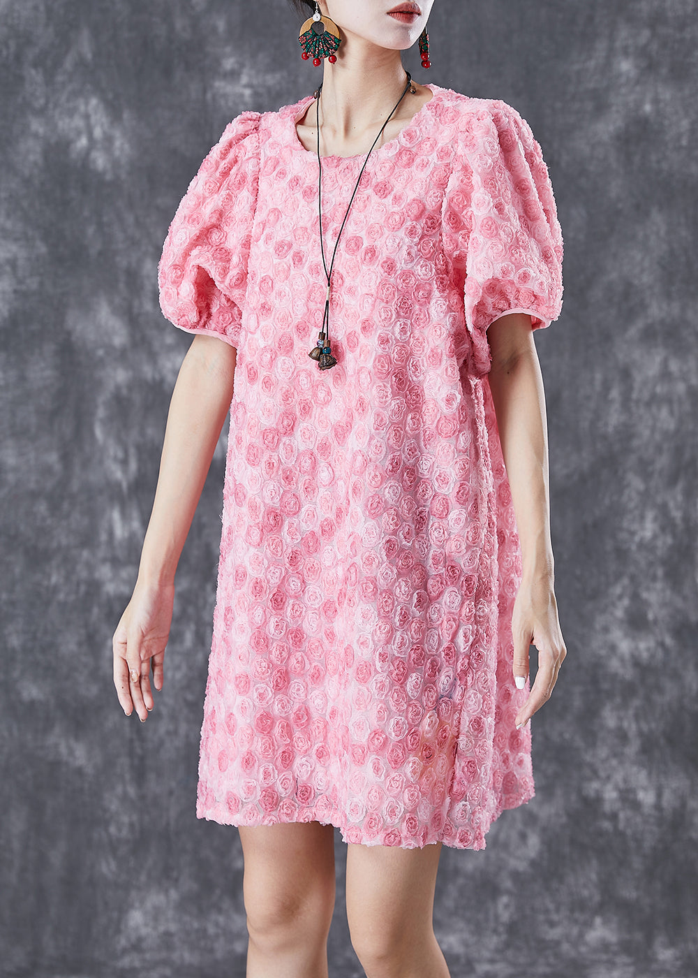 Pink Silk Mid Dresses Puff Sleeve