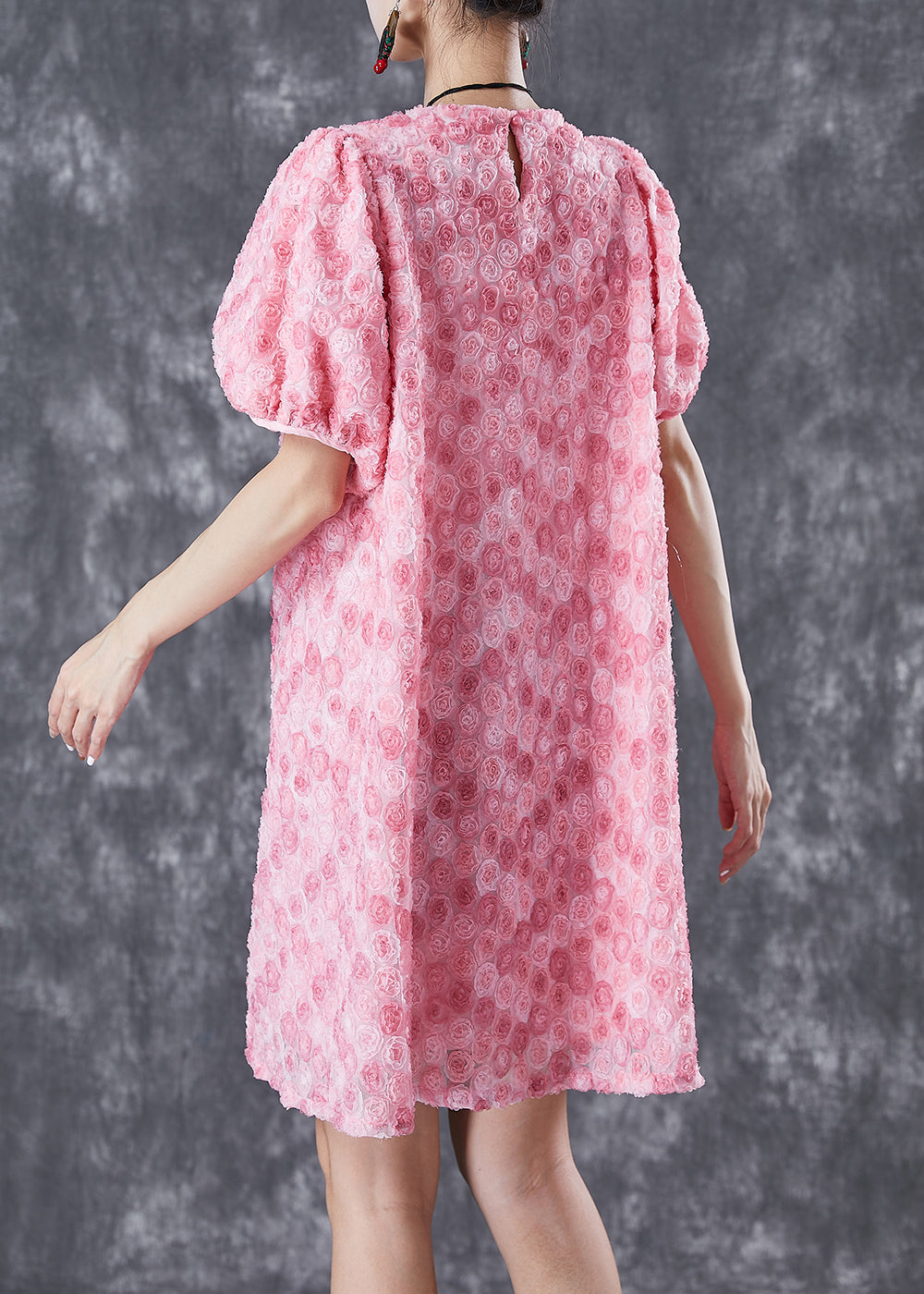 Pink Silk Mid Dresses Puff Sleeve
