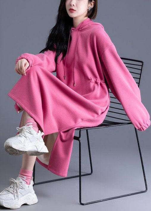 Pink Hooded Cinched Side Open Warm Fleece Sweatshirts Dress Spring