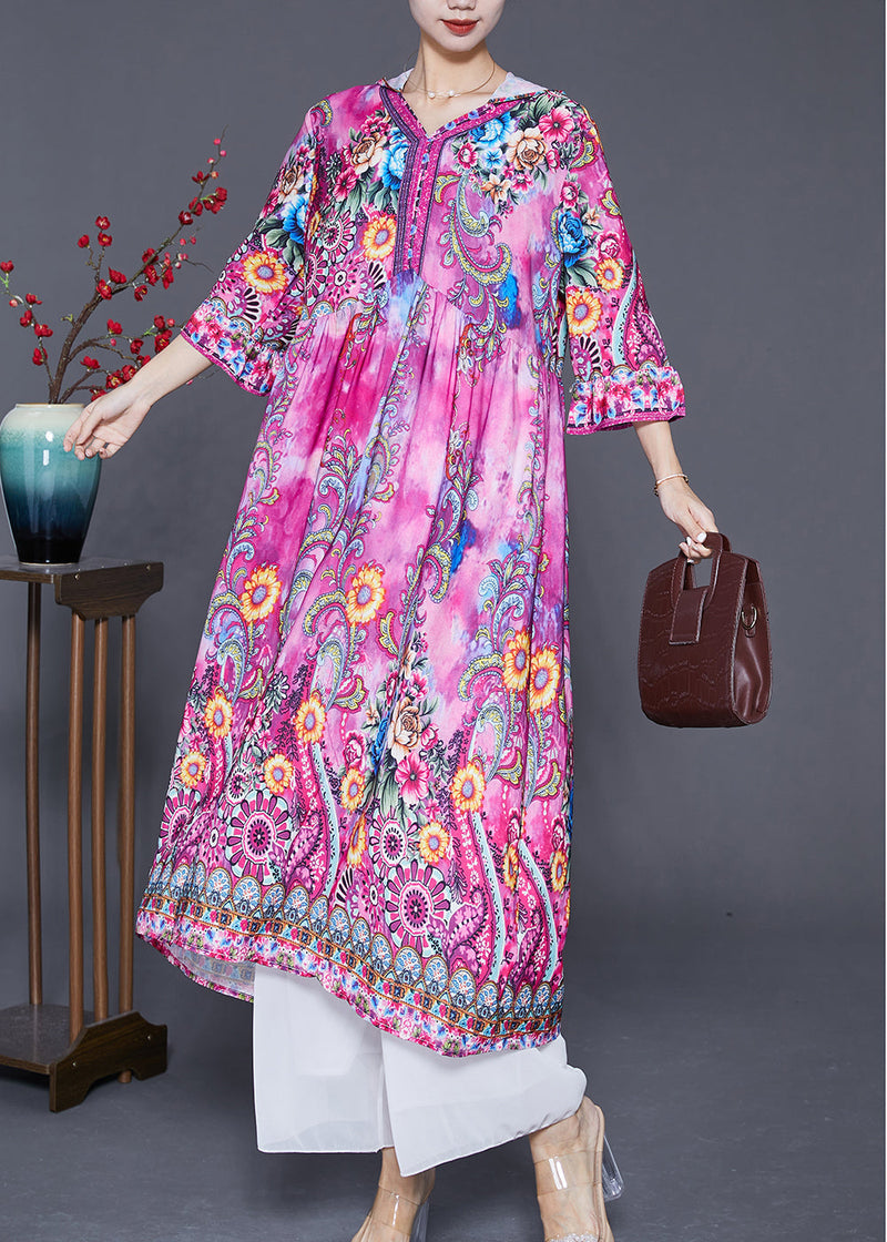 Pink Hooded Print Silk Vacation Dresses Bracelet Sleeve