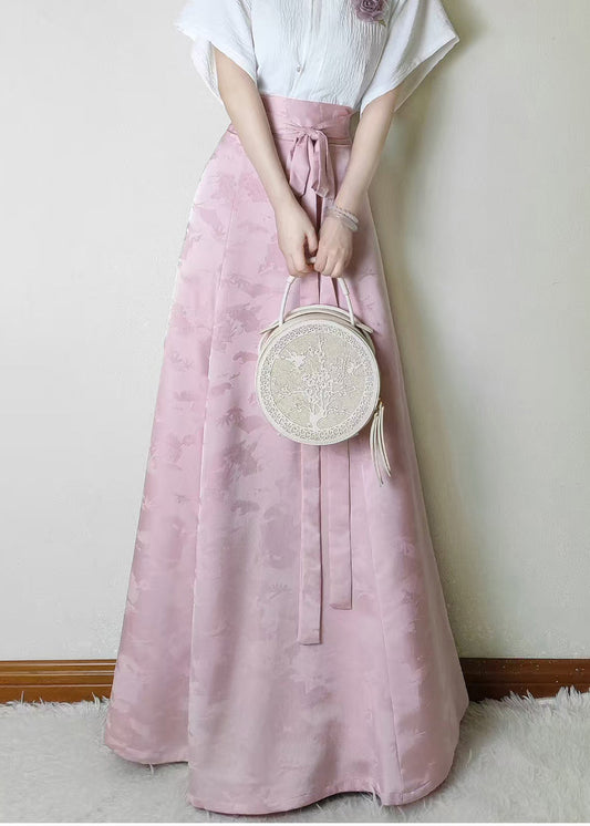Pink Jacquard Flower Decorated Silk Skirts Fall