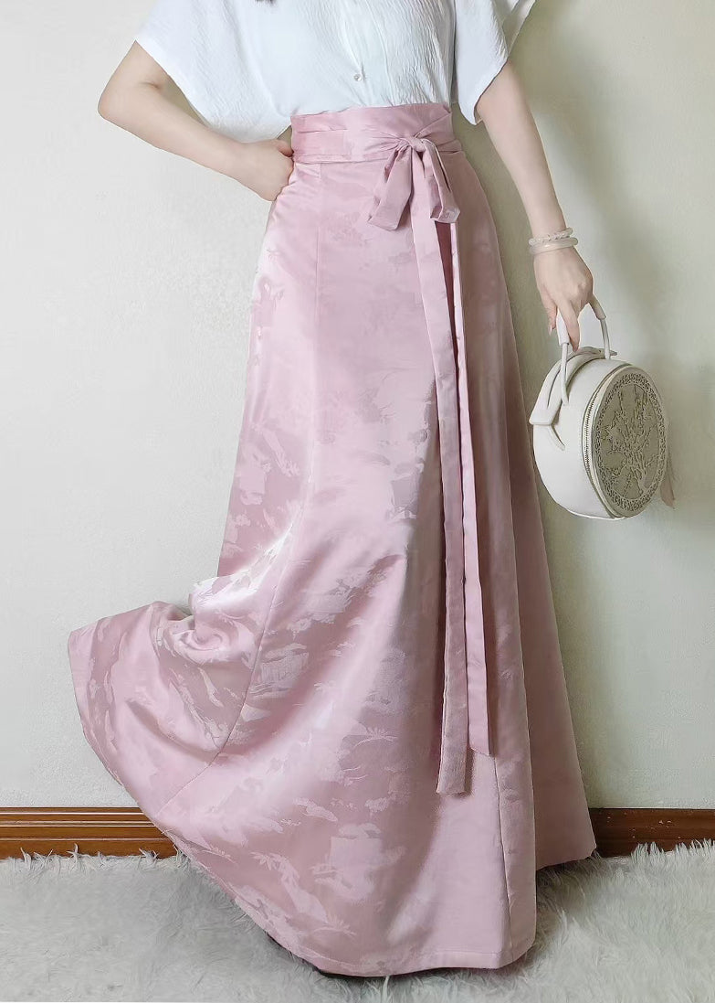 Pink Jacquard Flower Decorated Silk Skirts Fall