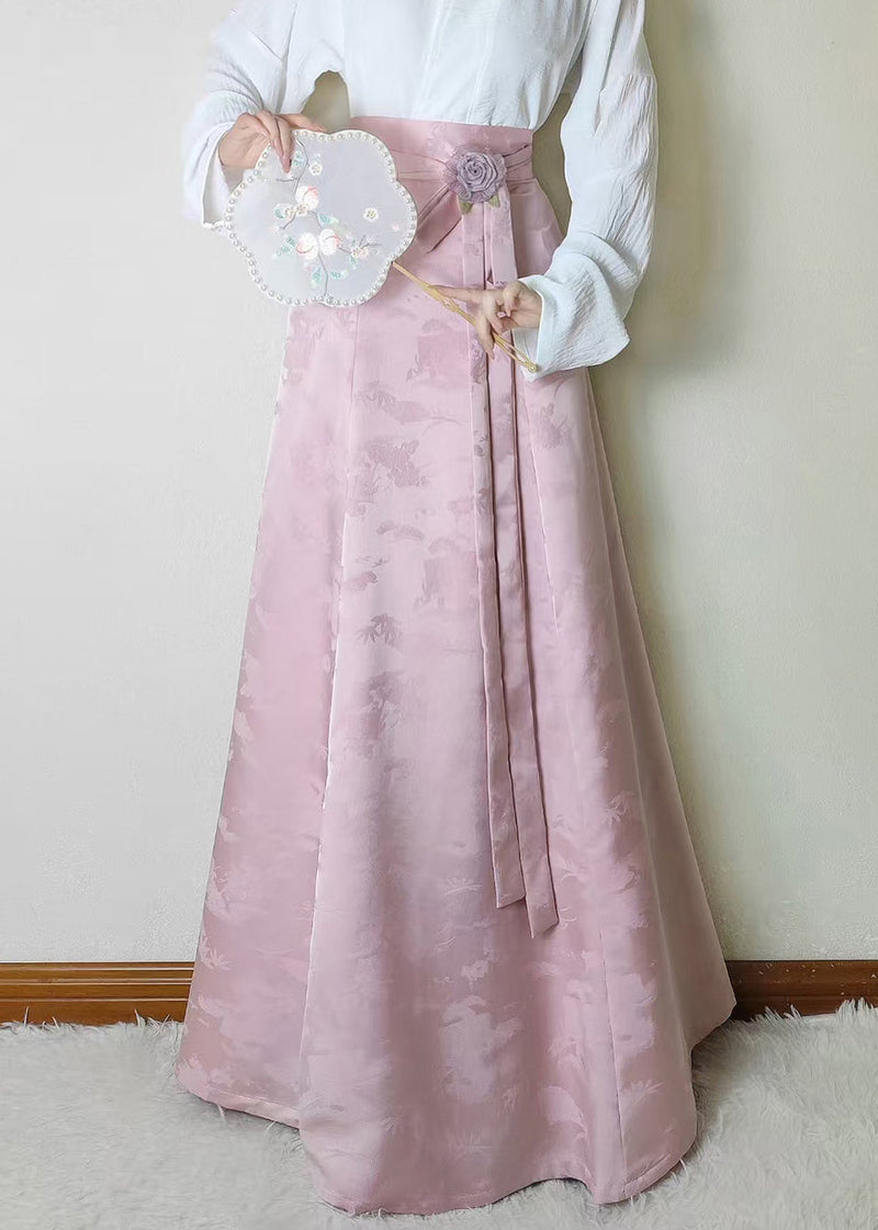 Pink Jacquard Flower Decorated Silk Skirts Fall