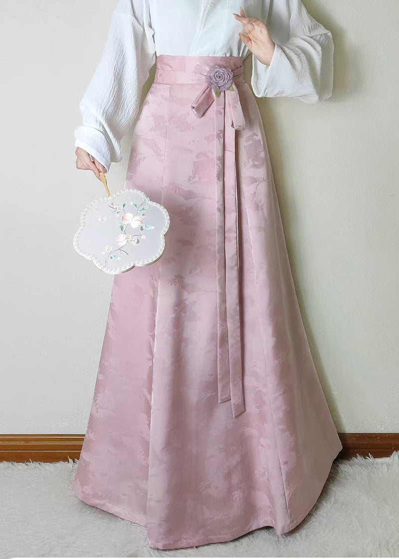 Pink Jacquard Flower Decorated Silk Skirts Fall
