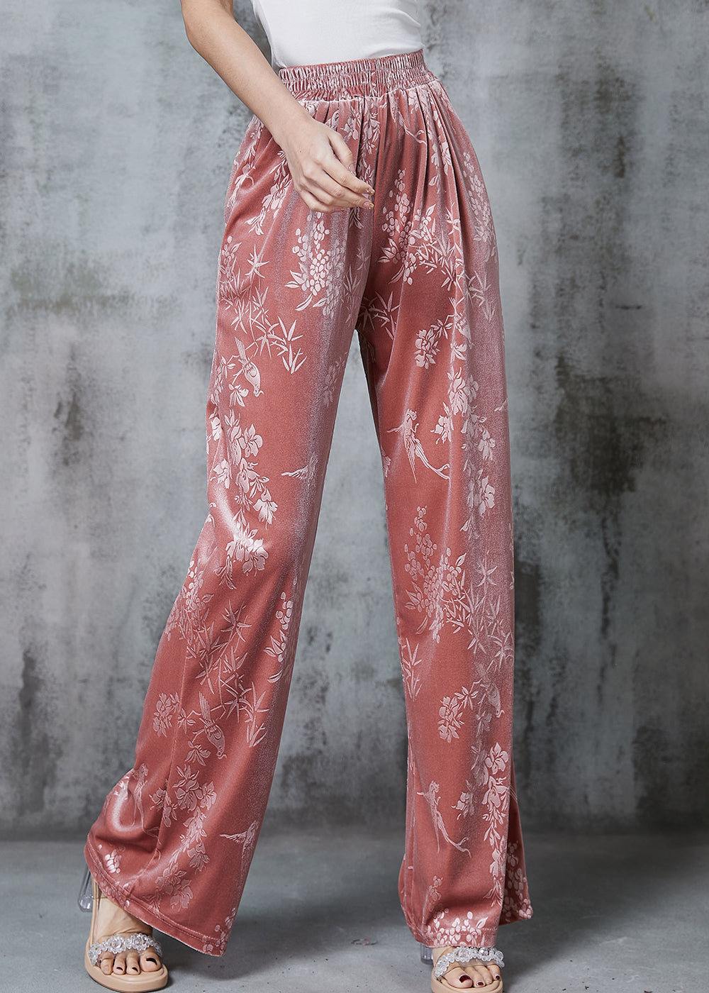 Pink Jacquard Silk Velvet Straight Pants Spring