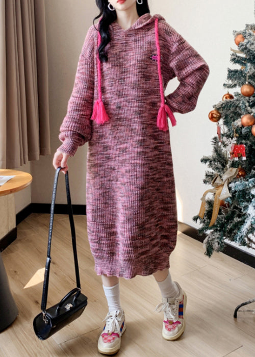 Pink Lace Up Patchwork Cotton Knit Long Dress Winter