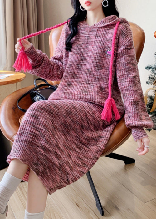 Pink Lace Up Patchwork Cotton Knit Long Dress Winter