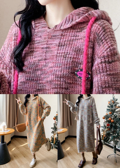Pink Lace Up Patchwork Cotton Knit Long Dress Winter