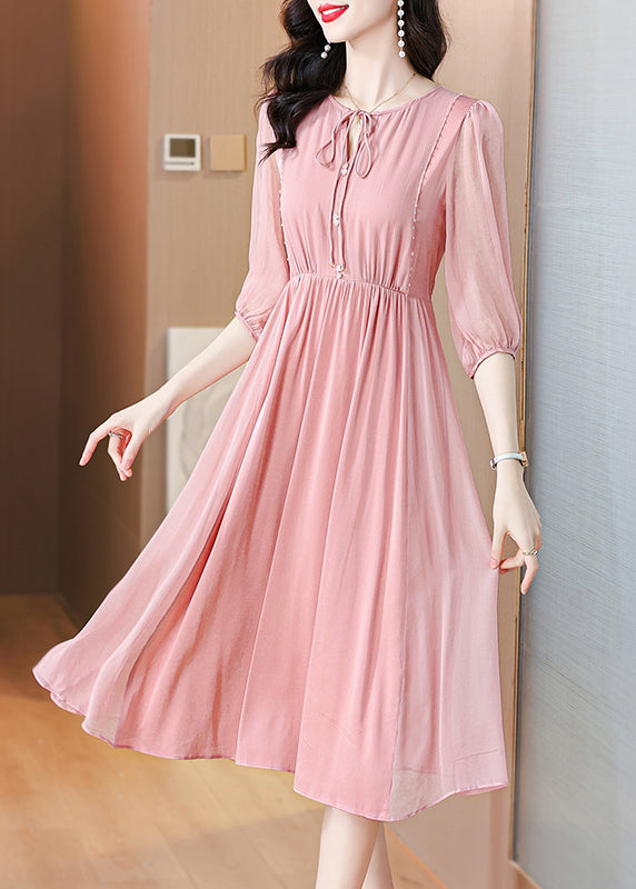 Pink Lace Up Wrinkled Chiffon Dress Summer