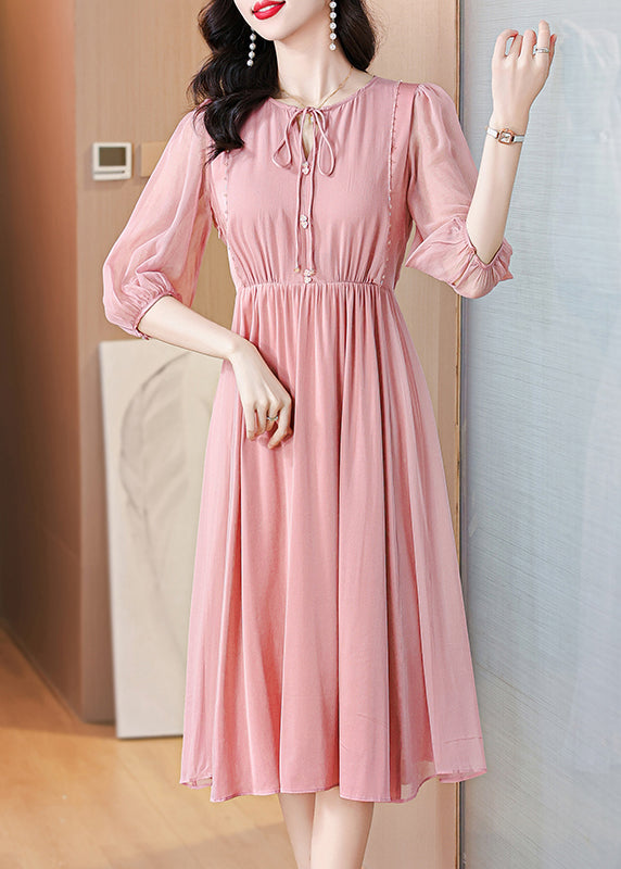 Pink Lace Up Wrinkled Chiffon Dress Summer