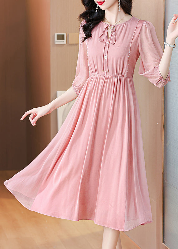 Pink Lace Up Wrinkled Chiffon Dress Summer