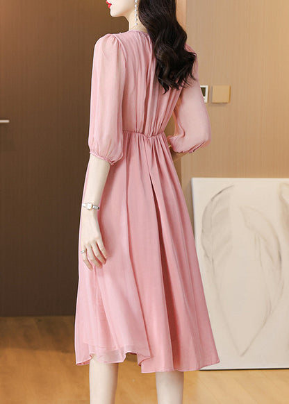 Pink Lace Up Wrinkled Chiffon Dress Summer