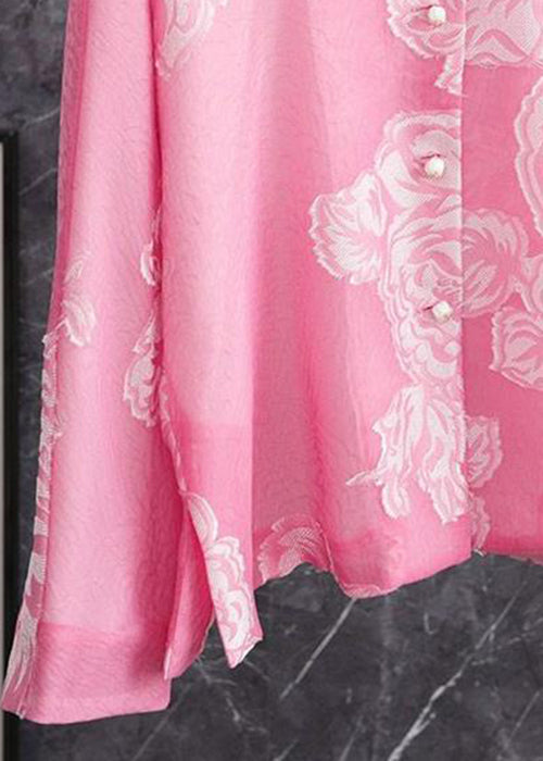 Pink O Neck Button Print Silk Shirt Long Sleeve