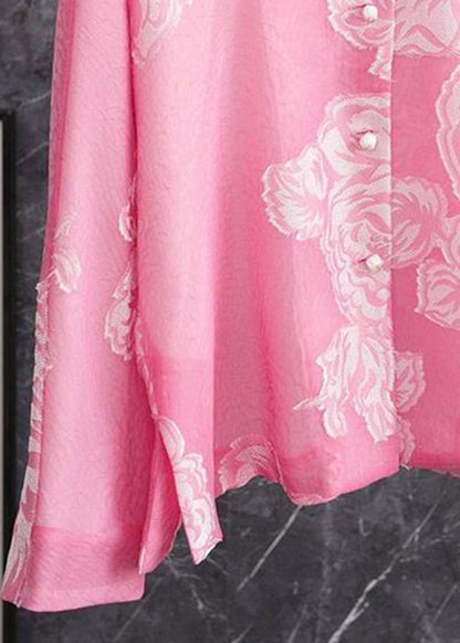 Pink O Neck Button Print Silk Shirt Long Sleeve