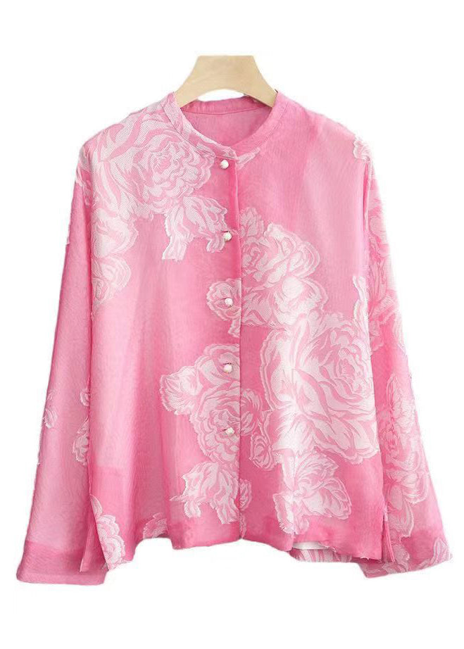 Pink O Neck Button Print Silk Shirt Long Sleeve