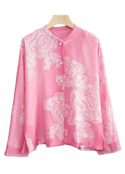 Pink O Neck Button Print Silk Shirt Long Sleeve