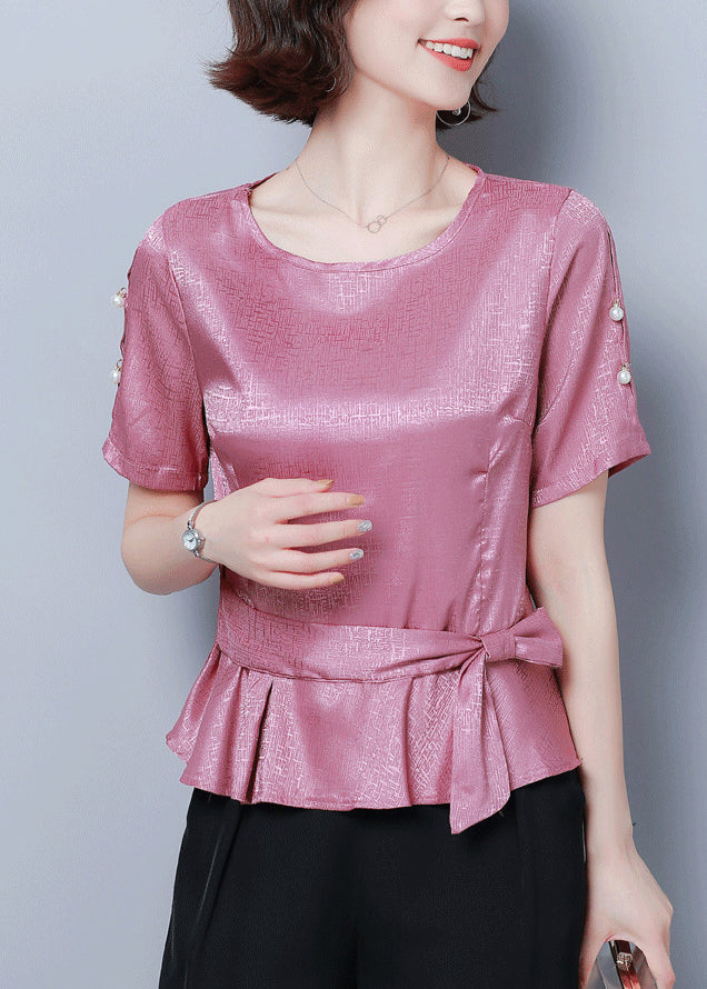 Pink O-neck Cinched Silk Shirt Summer