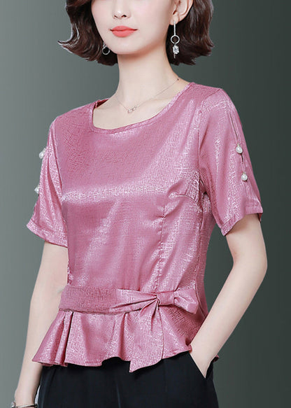 Pink O-neck Cinched Silk Shirt Summer