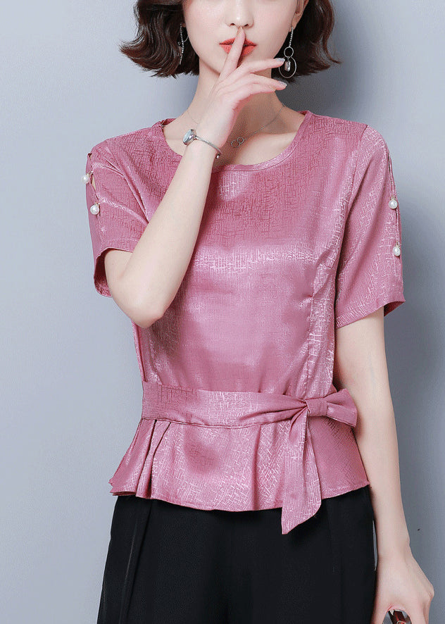 Pink O-neck Cinched Silk Shirt Summer