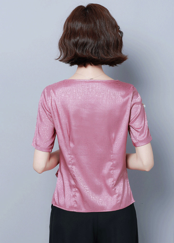Pink O-neck Cinched Silk Shirt Summer