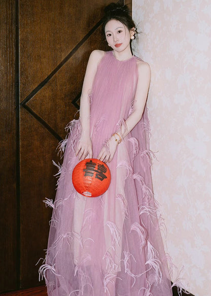 Pink O Neck Feather Patchwork Tulle Maxi Dress Sleeveless
