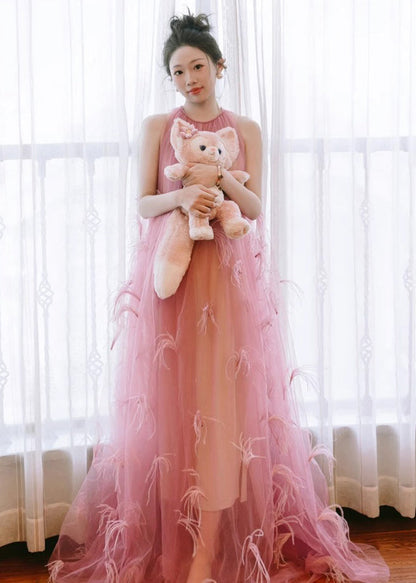 Pink O Neck Feather Patchwork Tulle Maxi Dress Sleeveless