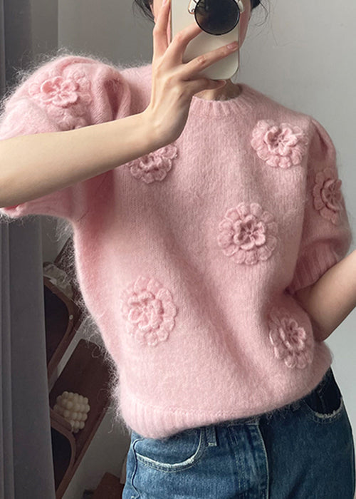 Pink O Neck Knit Sweater Short Sleeve