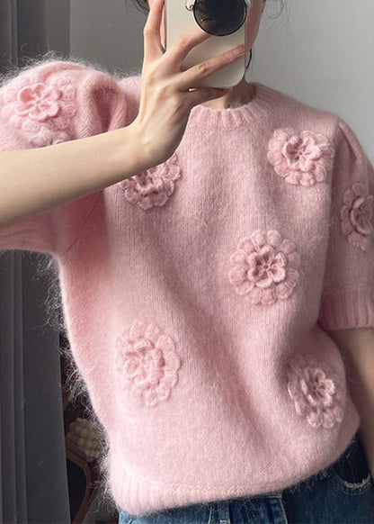 Pink O Neck Knit Sweater Short Sleeve