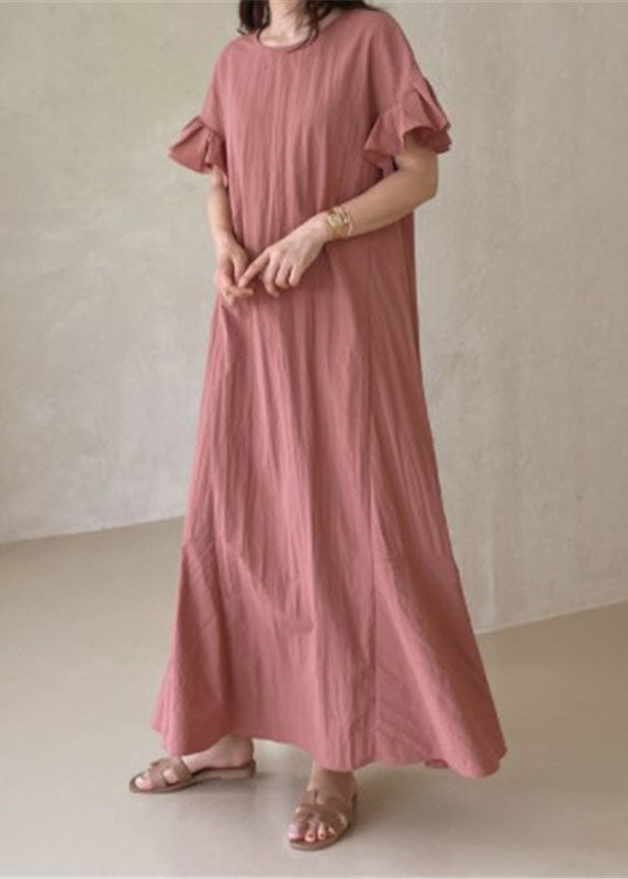 Pink O-neck Ruffled Patchwork Cotton Dresses Summer