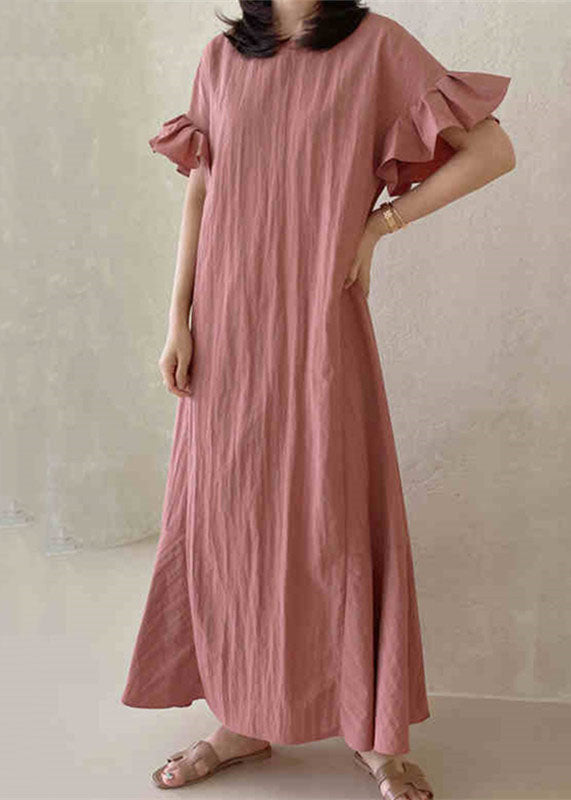 Pink O-neck Ruffled Patchwork Cotton Dresses Summer
