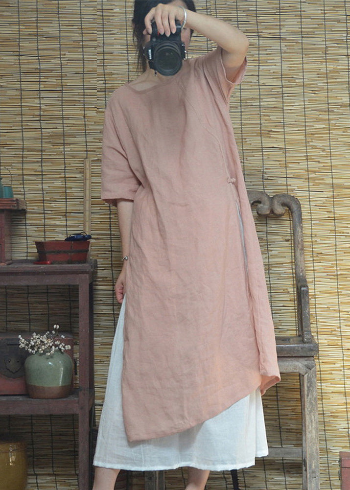 Pink O Neck Side Open Cotton Dresses Summer