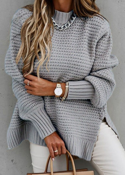 Pink O Neck Side Open Thick Cozy Knit Sweaters Fall