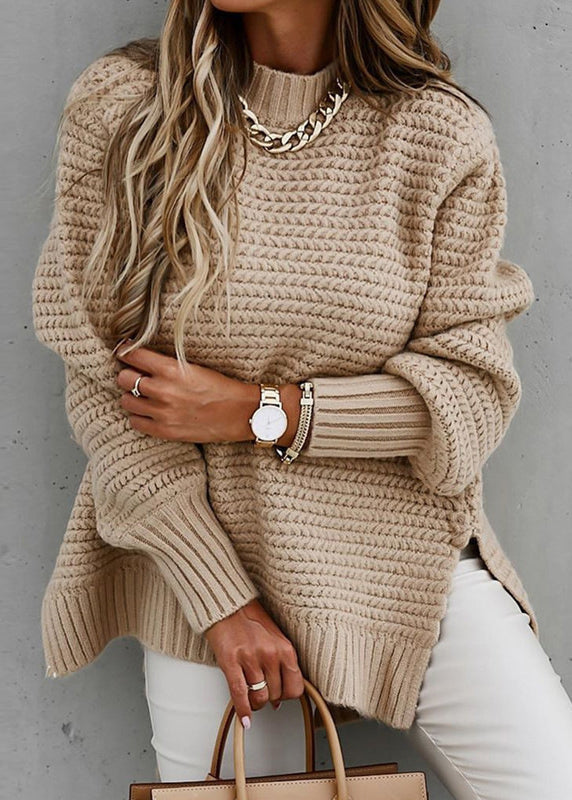 Pink O Neck Side Open Thick Cozy Knit Sweaters Fall