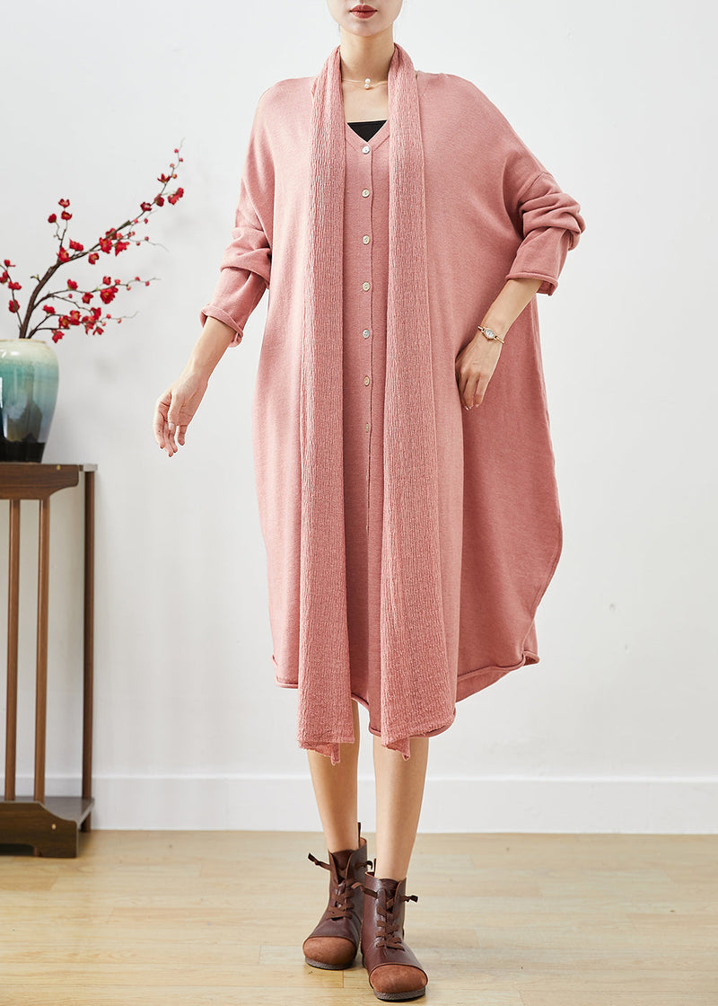 Pink Oversized Complimentary Scarf Knit Dress Batwing Sleeve