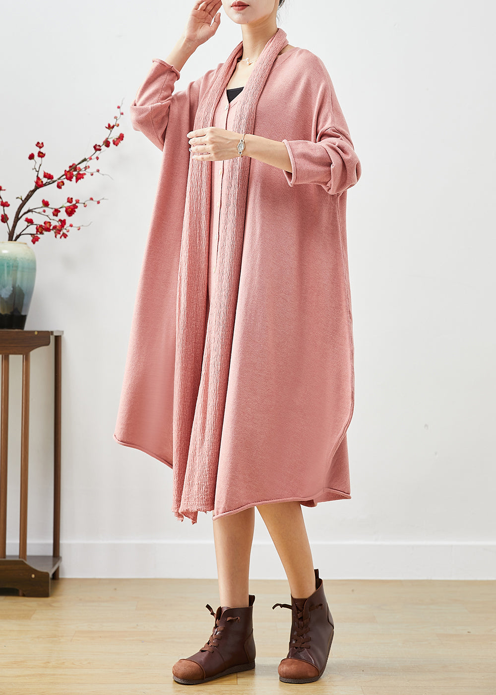 Pink Oversized Complimentary Scarf Knit Dress Batwing Sleeve