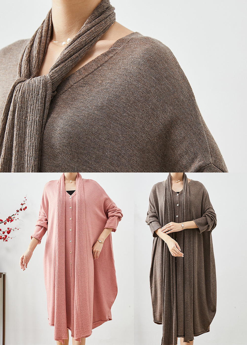 Pink Oversized Complimentary Scarf Knit Dress Batwing Sleeve