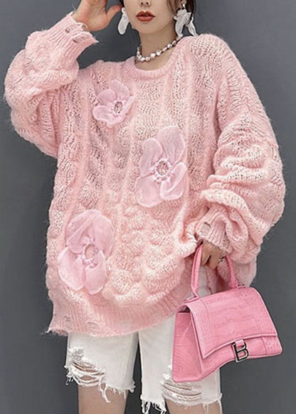Pink Oversized Hollow Out Applique Knit Sweater Tops Winter